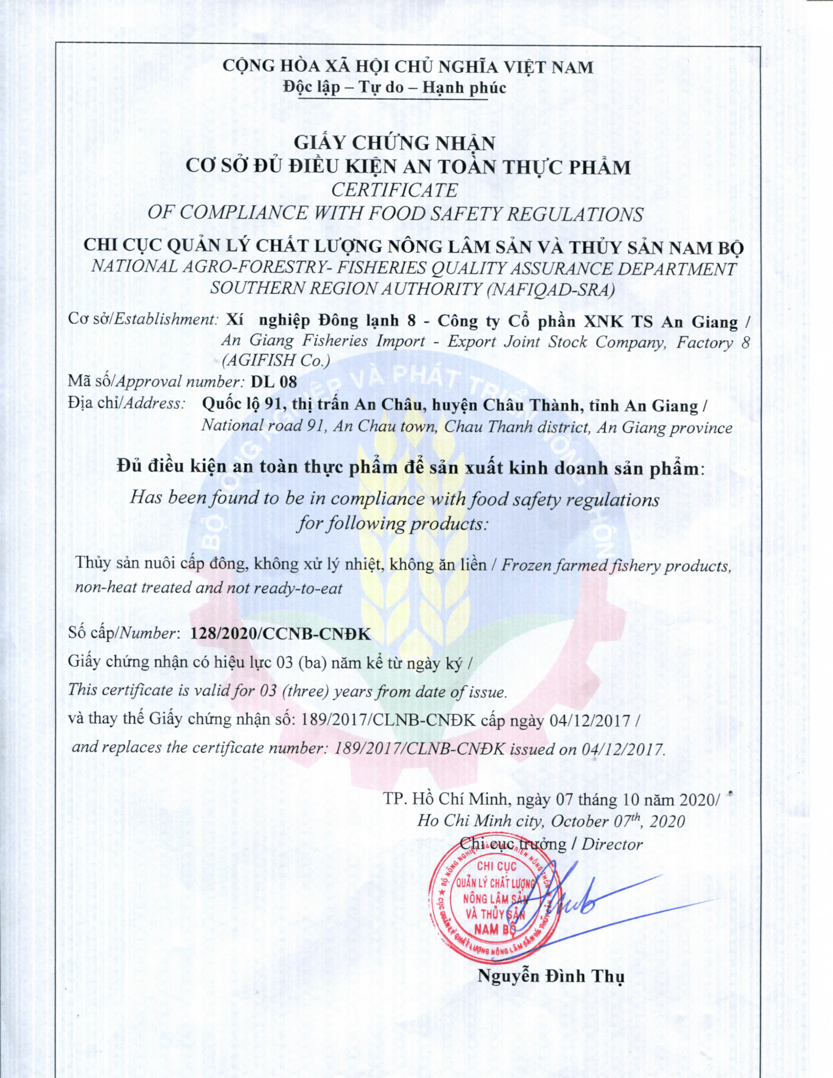 Giấy chứng nhận cơ sở đủ điều kiện ATTP DL08